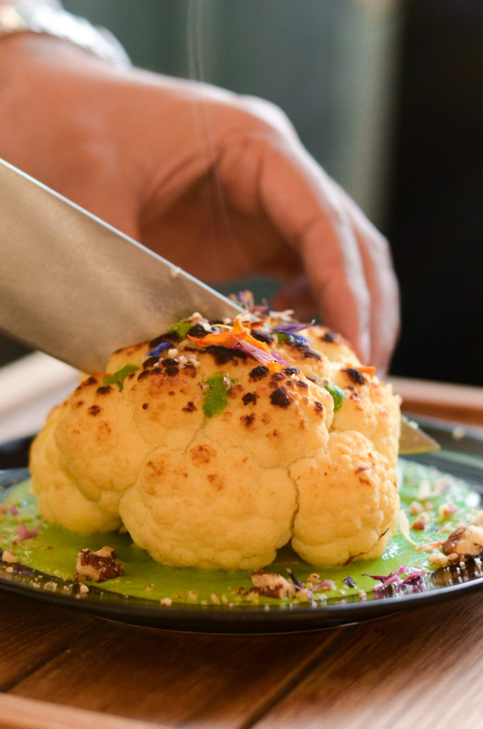 Cutting roasted cauliflower